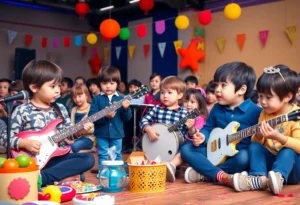 Children engaging in a lively concert themed around The Beatles