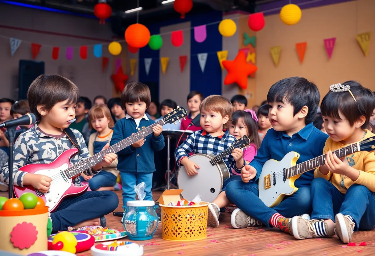 Children engaging in a lively concert themed around The Beatles