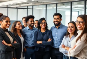 Employees collaborating in a modern office environment