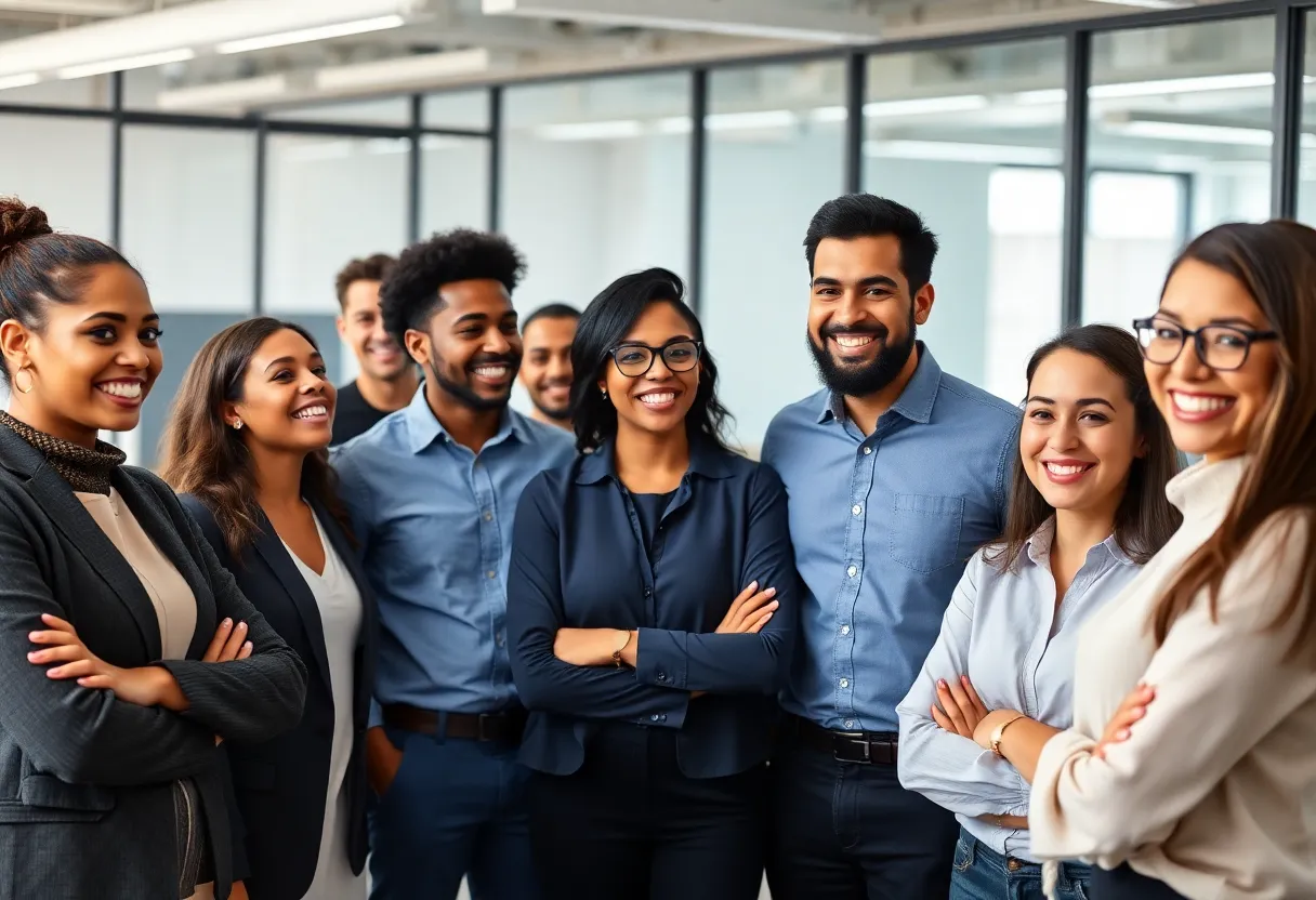Employees collaborating in a modern office environment