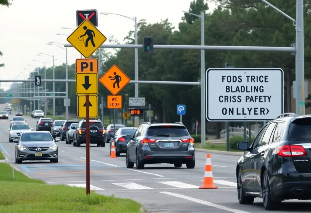 Traffic safety signs on a busy South Carolina road with vehicles and pedestrians.