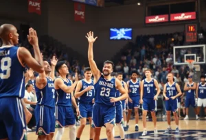 Winthrop Eagles basketball team celebrating victory on court