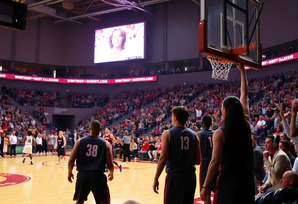 Winthrop Eagles players competing in a basketball game at Winthrop Coliseum
