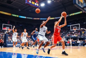 Winthrop Eagles players in action during a basketball game against Toccoa Falls.