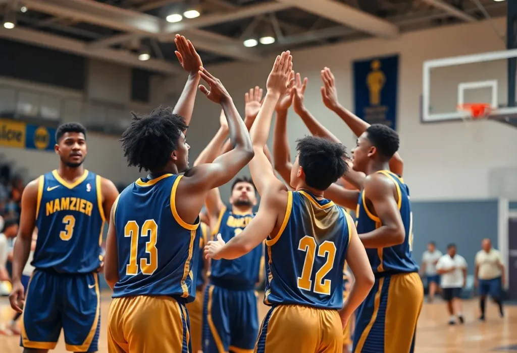 Winthrop Eagles players celebrating during a basketball game.