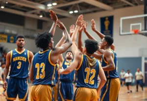 Winthrop Eagles players celebrating during a basketball game.