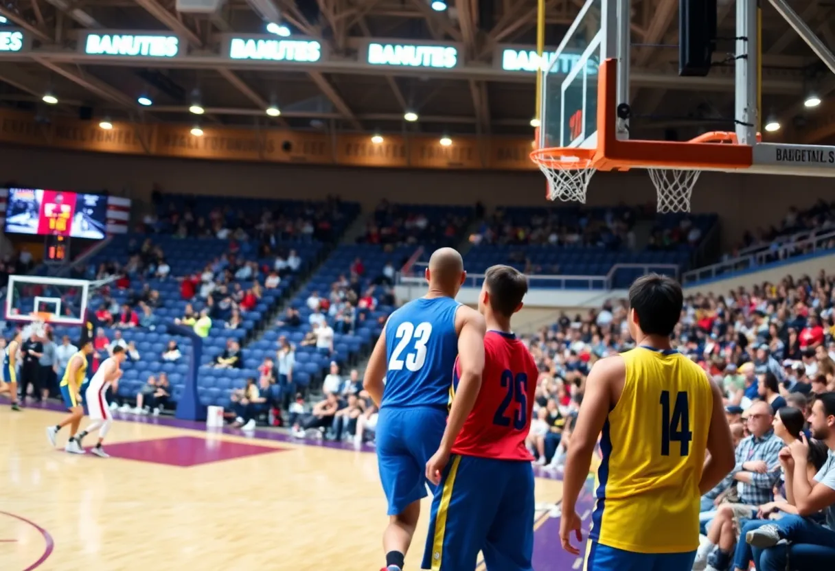 Winthrop Eagles basketball team celebrating a game victory.