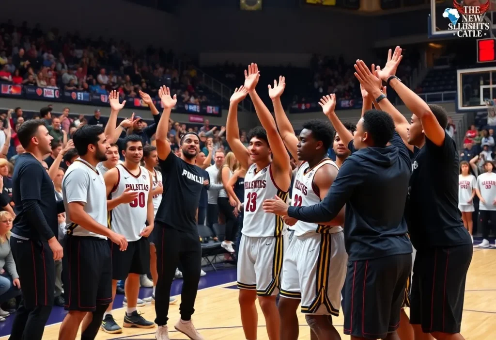Winthrop Eagles basketball team celebrating victory