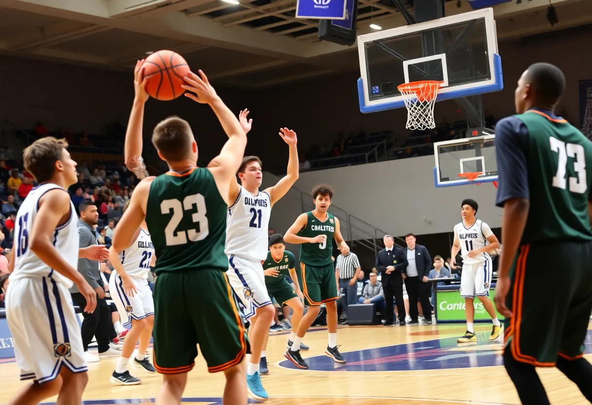 Winthrop Eagles basketball team celebrating their win against Toccoa Falls.