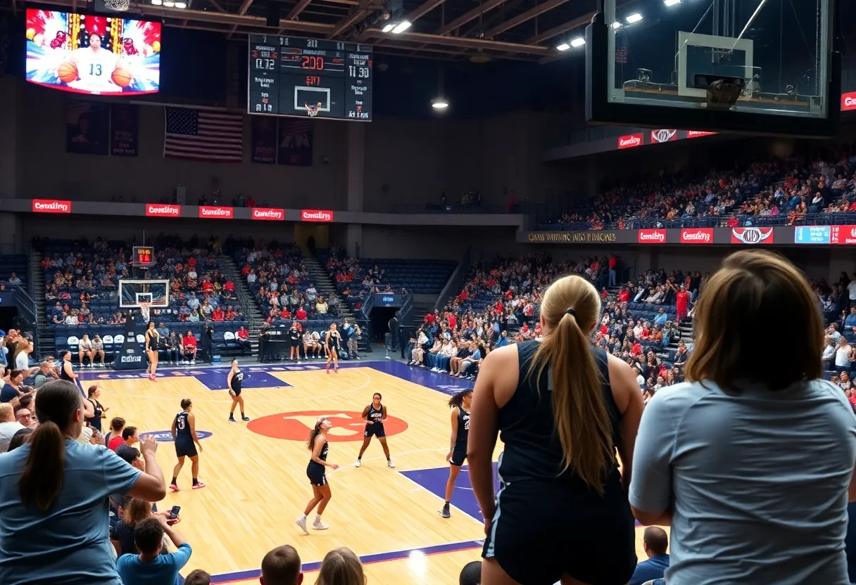 Winthrop University women's basketball players in action during a game.