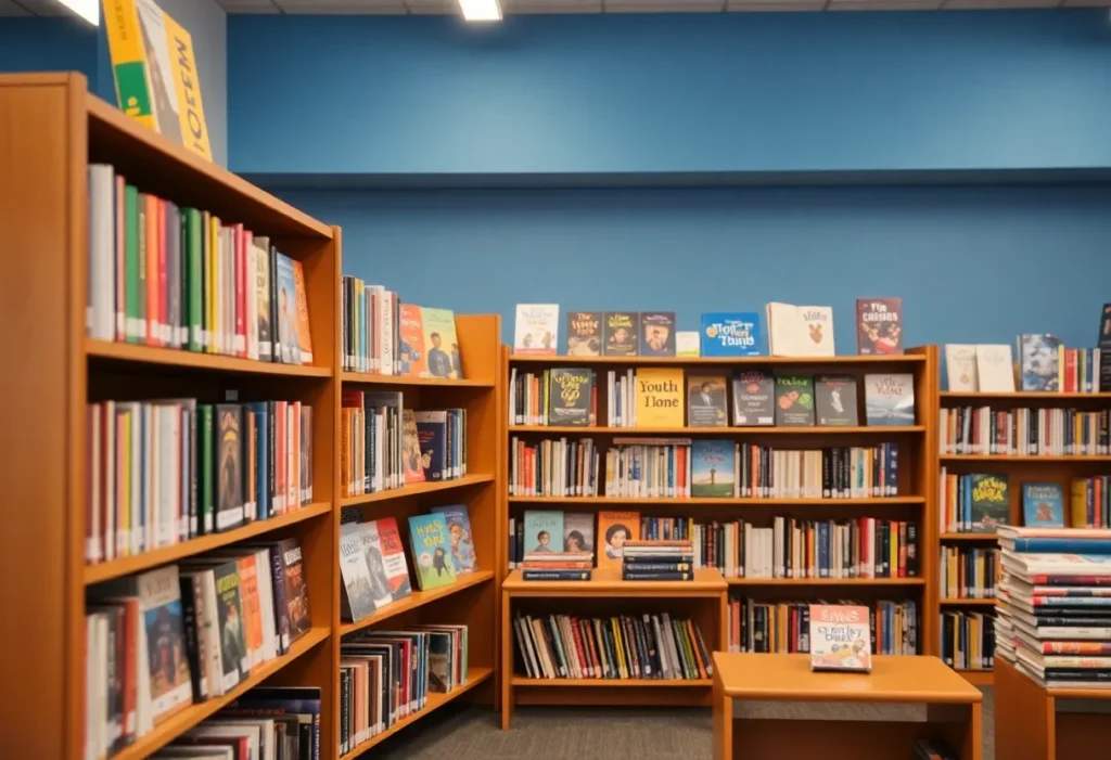 Bookshelves in a community library showcasing youth literature.