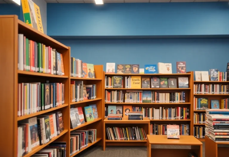 Bookshelves in a community library showcasing youth literature.