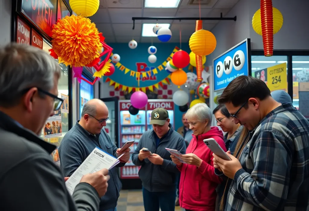 Customers celebrating at a lottery ticket shop in York County after a major Powerball win