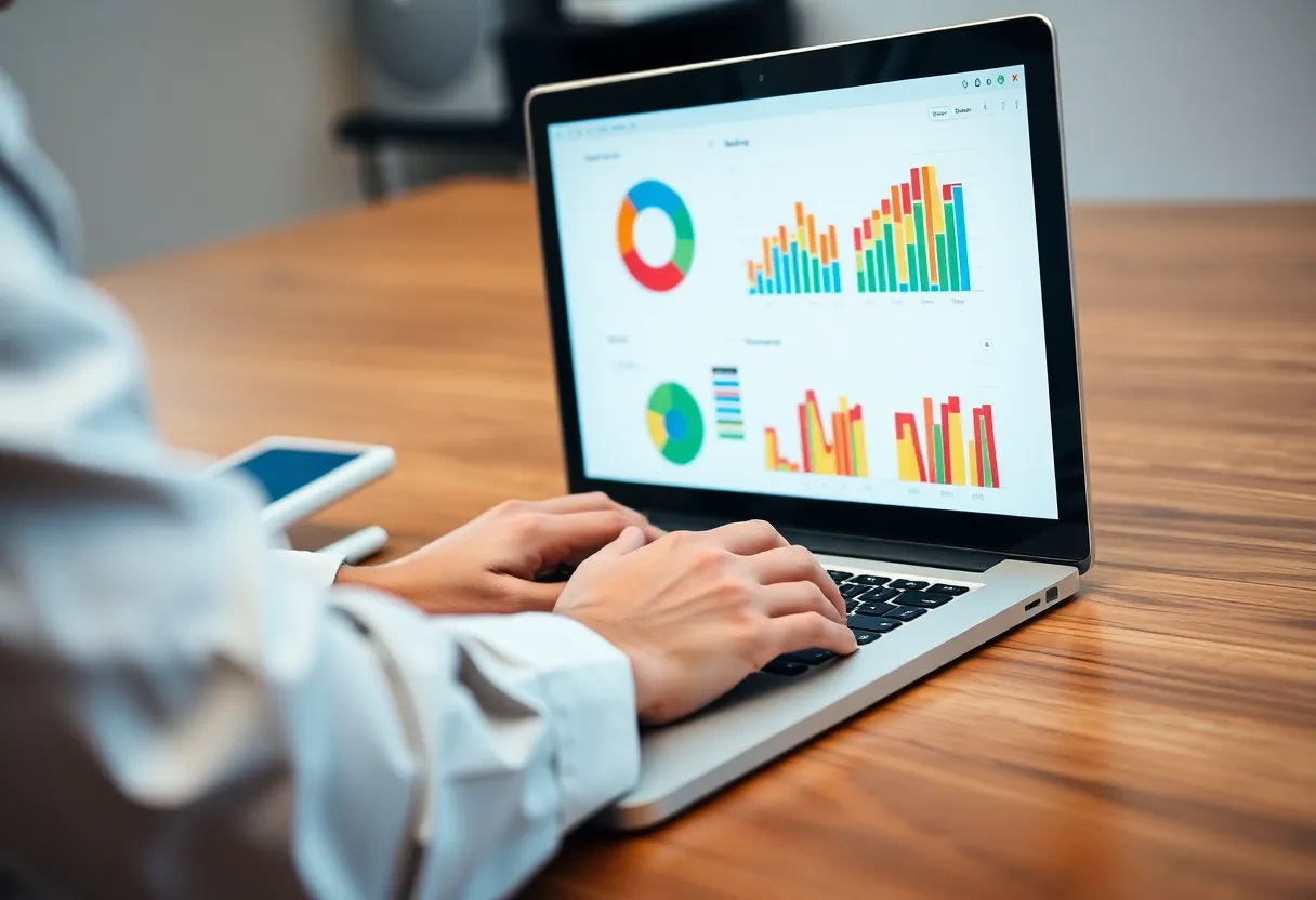 A digital marketing analyst reviewing behavioral data metrics on a laptop.