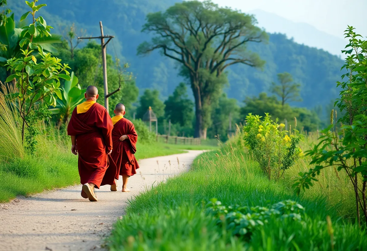 Buddhist monks walking in nature embodying peace and compassion.