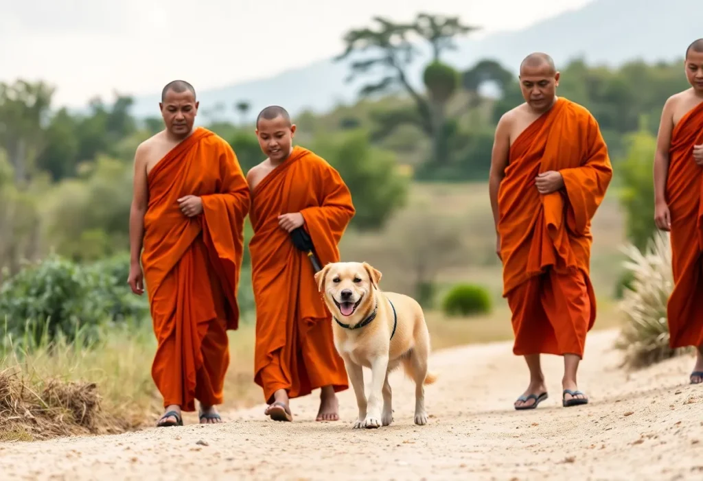 Buddhist monks on a cross-country walk accompanied by a rescue dog.