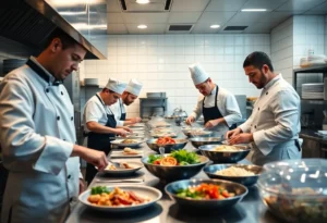 Chefs preparing gourmet food in a busy kitchen