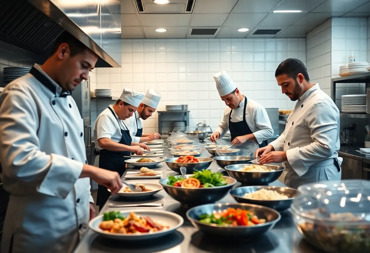 Chefs preparing gourmet food in a busy kitchen