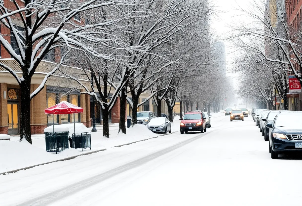 Snow-covered streets in Charlotte indicating winter storm preparations.