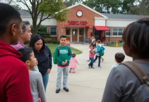 Community members discussing school safety measures outside an elementary school in Chester.