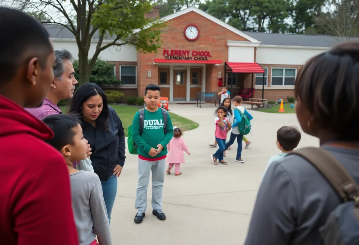 Community members discussing school safety measures outside an elementary school in Chester.