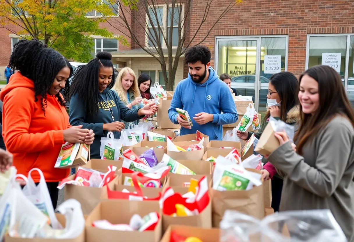 Volunteers organizing food bags for a college food pantry.