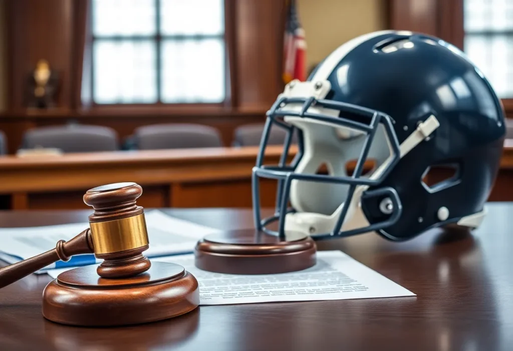 Courtroom scene featuring legal items and a football helmet