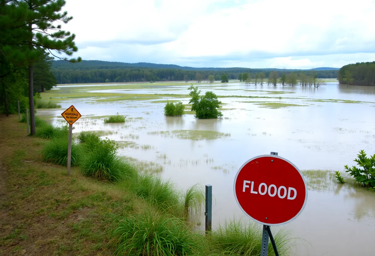 Overview of a flooded area in Upstate South Carolina with warning signs.