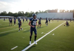 Students participating in football practice at Spartanburg Methodist College
