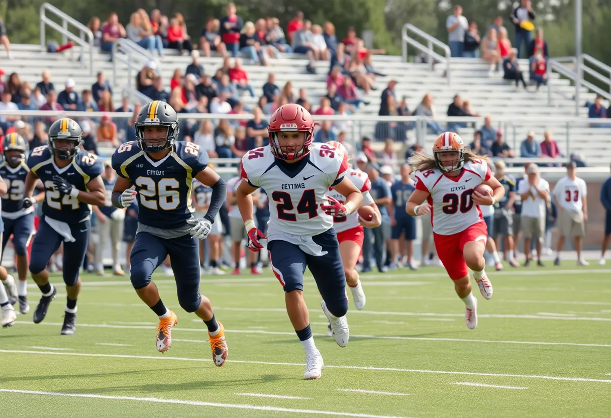 Athletes from the 2025 MaxPreps High School Football All-America Team in a lively football game