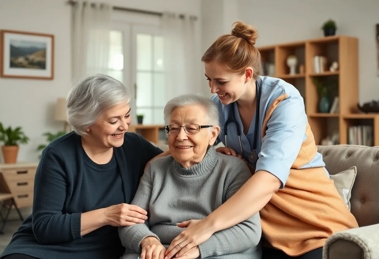 A caregiver providing in-home care to an elderly person in a comfortable home environment.