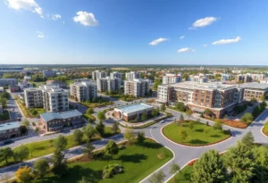 Conceptual image of a mixed-use development in Huntersville showcasing residential and commercial areas