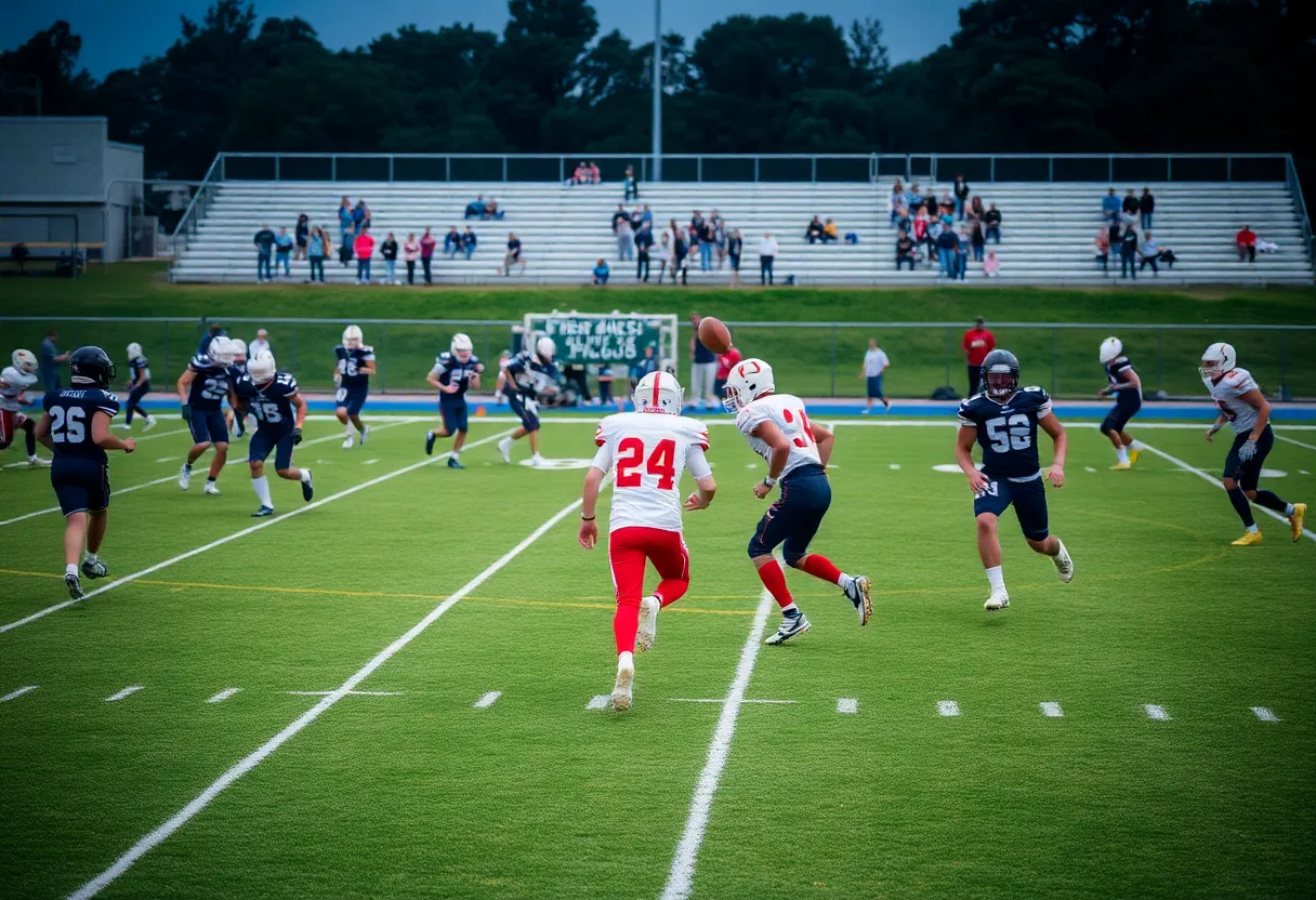 High school football players on the field during practice.