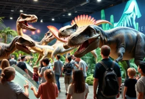 Life-sized dinosaurs at Jurassic Quest exhibit in Timonium, MD
