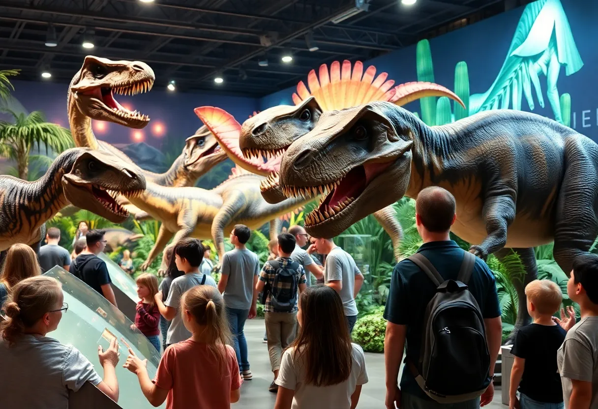 Life-sized dinosaurs at Jurassic Quest exhibit in Timonium, MD