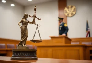 A courtroom scene symbolizing justice and accountability in law enforcement.
