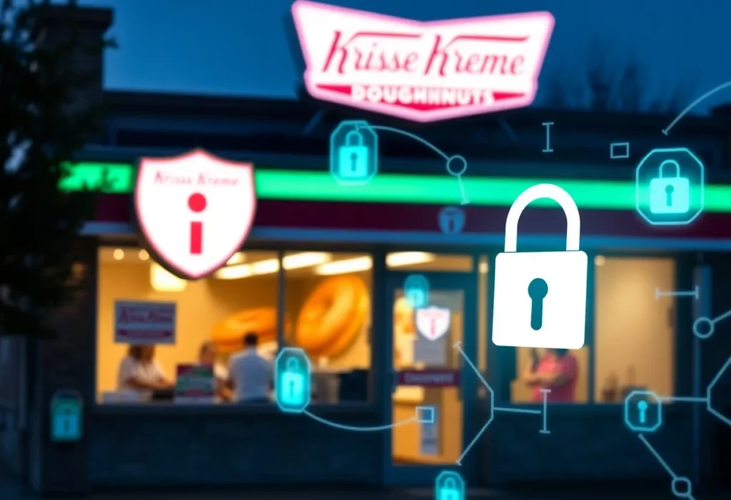 Krispy Kreme doughnut shop with cybersecurity themes.