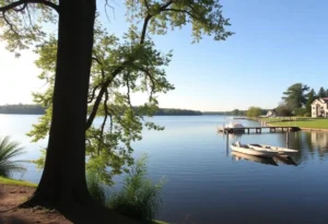 A tranquil scene of Lake Wylie surrounded by greenery and residential areas.