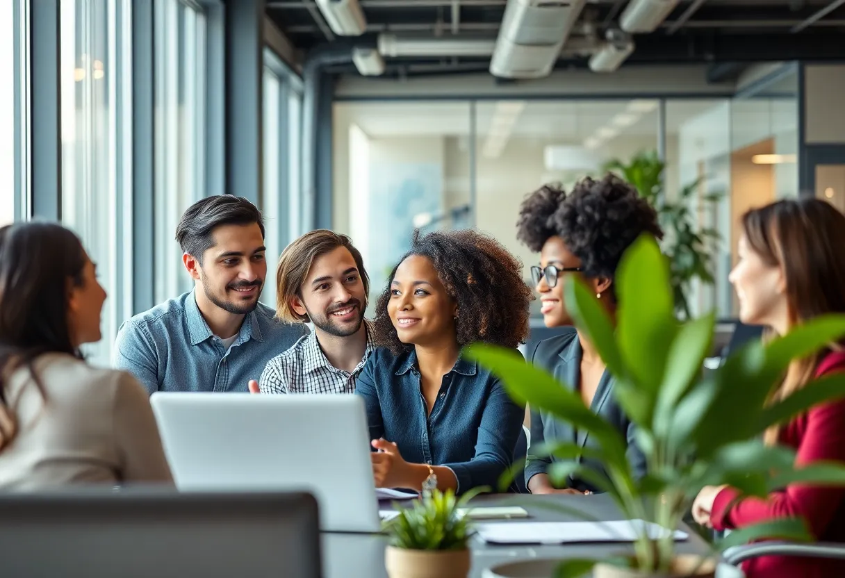 Team meeting in a corporate office discussing leadership changes.