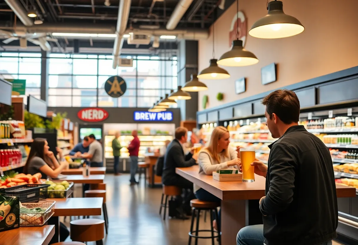 New Lowes Foods store interior with brew pub and shopping area.