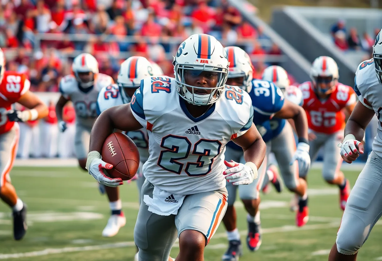 A dynamic football scene featuring a running back during a game.