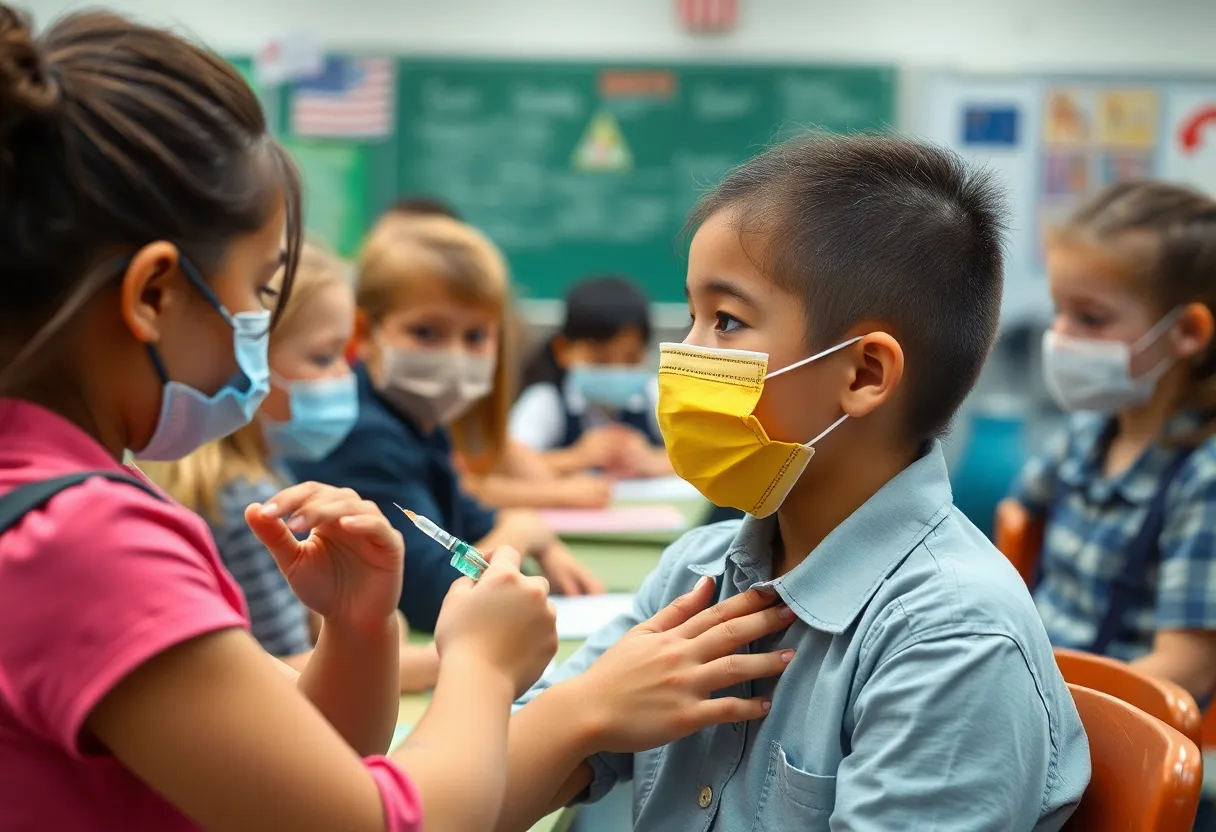 Students receiving vaccinations in a school during a measles outbreak.