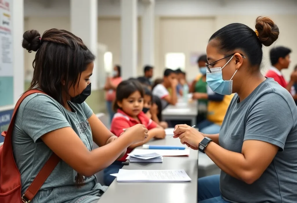 Families participating in a vaccination campaign outdoors in Columbia, South Carolina.