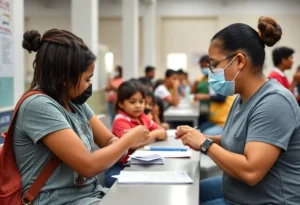 Families participating in a vaccination campaign outdoors in Columbia, South Carolina.