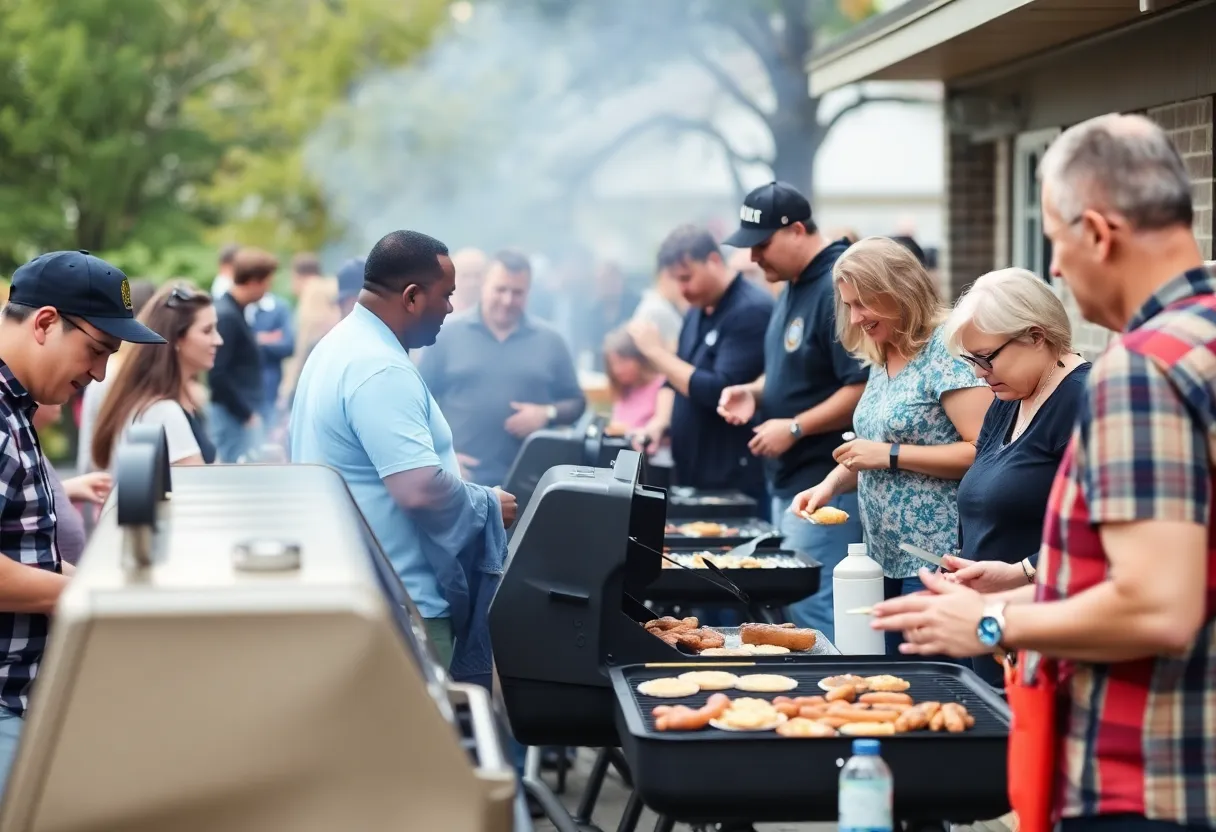 Community members enjoying a barbecue event in honor of local heroes.