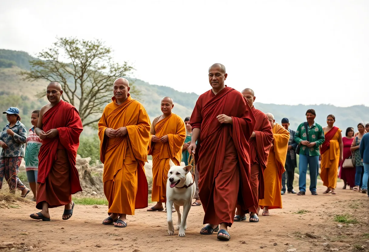 Buddhist monks participating in a peace walk with their dog, Aloka, and local community members showing support.
