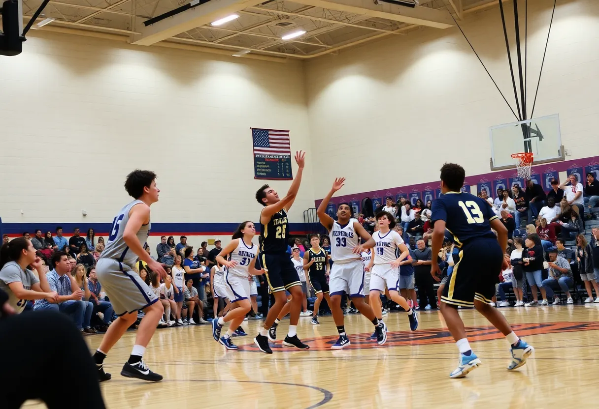 Nation Ford Falcons competing against Rock Hill Bearcats in a high school basketball game.