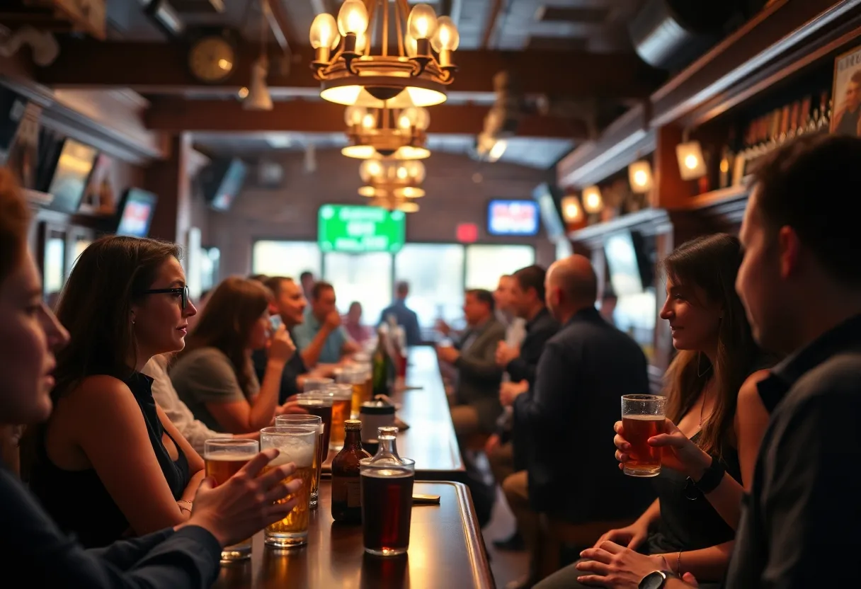 A vibrant bar scene showcasing patrons enjoying drinks with servers displaying ID scans.