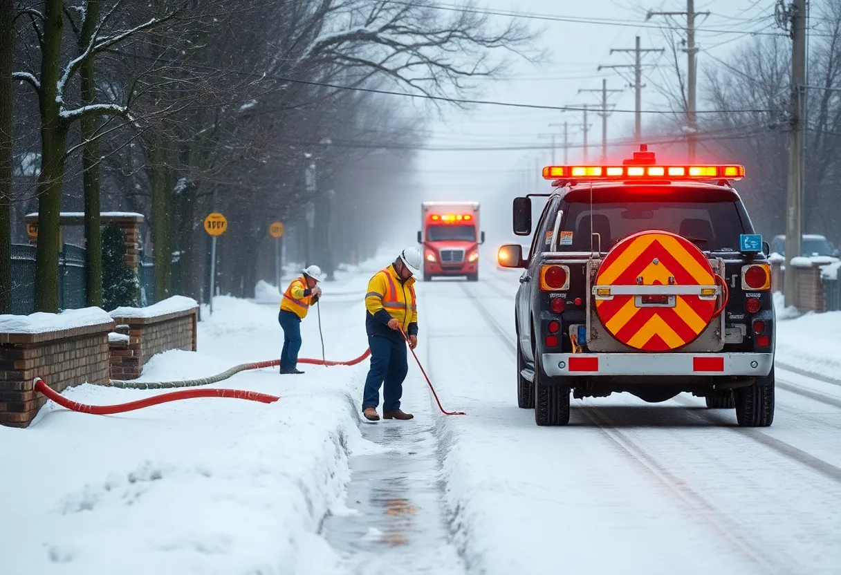 Repair crews working on a water line break during winter storm in Pineville