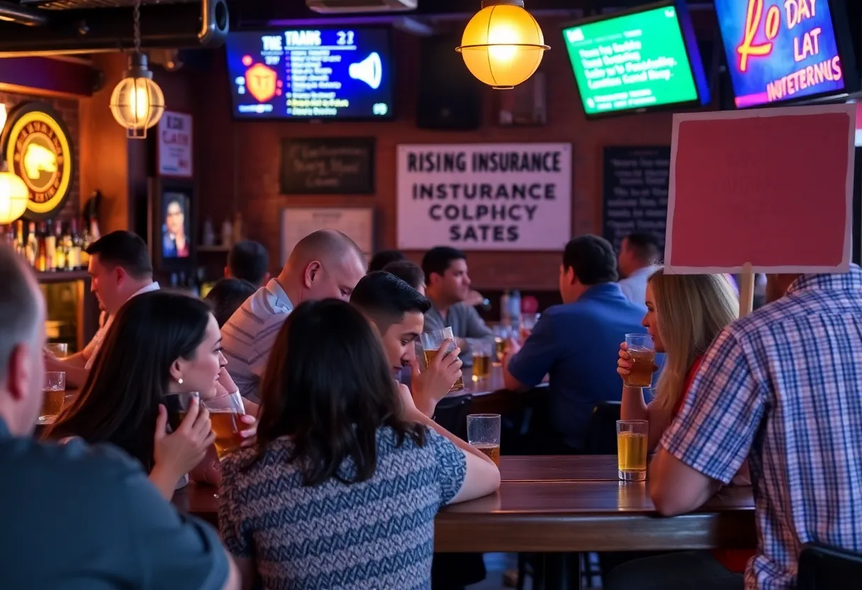 People socializing in a bar with signs about increasing insurance costs